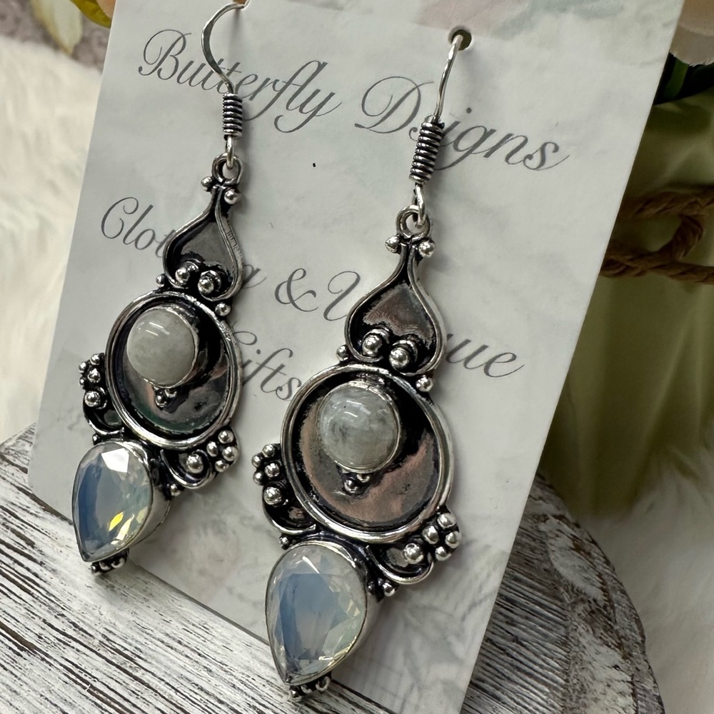 0123 Opalite Rainbow Moonstone Artisan Drop Earrings Silver Gemstone Jewelry - Picture 6 of 13